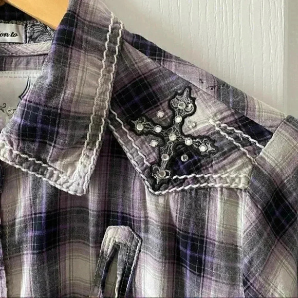 ROAR Western Button Front Shirt Joeley Purple Plaid Rhinestone Size XL - Picture 7 of 16